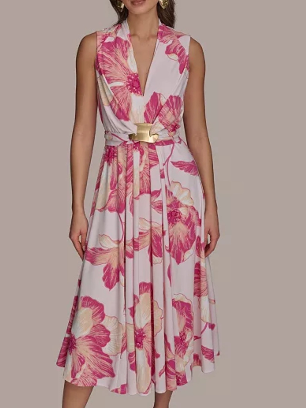 Donna Karan New York Floral Midi Dress Gold Hardware Pink White Size 10 NWOT